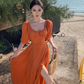 Gentle Temperament Square Neck Puff Sleeve Dress Backless Slit Long Dress R0599