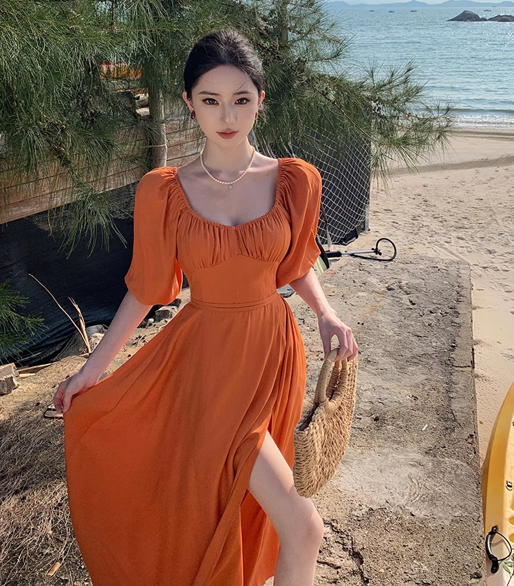 Gentle Temperament Square Neck Puff Sleeve Dress Backless Slit Long Dress R0599