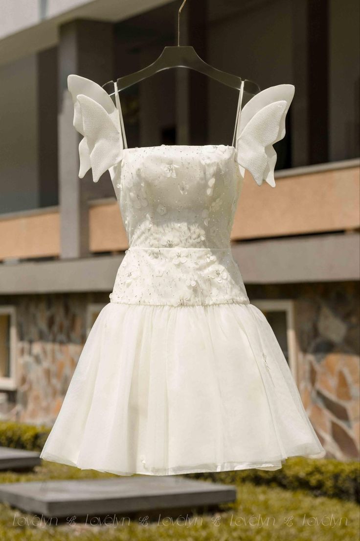 White wing suspenders waist slim A-line short skirt homecoming dress R3365