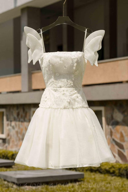 White wing suspenders waist slim A-line short skirt homecoming dress R3365