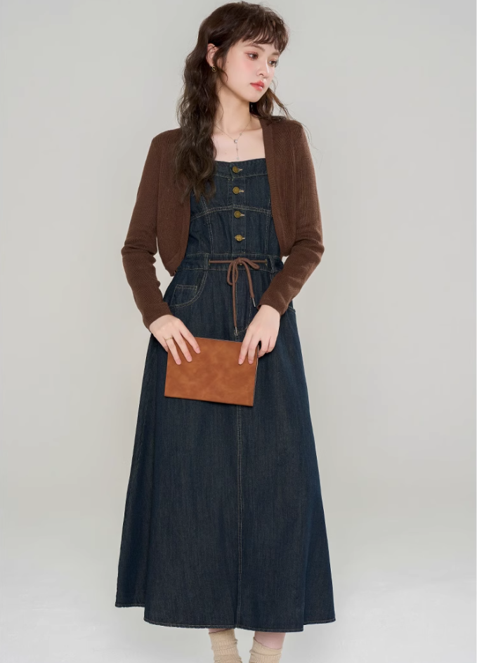 Knitted cardigan with denim suspender dress new high-end suit skirt two-piece set R2400