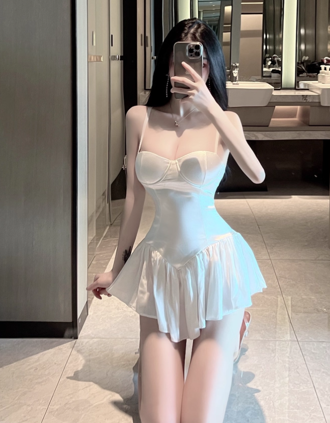 Pure desire style sweet sexy girl low-cut suspender skirt small irregular waist slimming super fairy dress R3628
