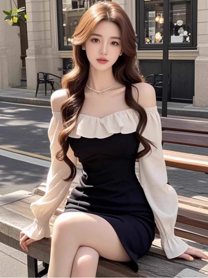 Pure contrast color ruffled one-shoulder dress new style waist slimming hip skirt R3394