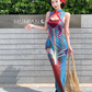 Retro contrast color hollow dress sexy temperament waist slim hip skirt R0658