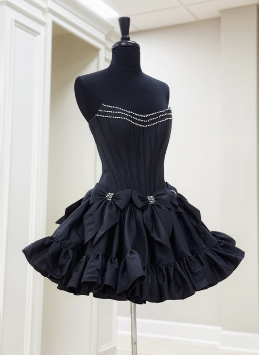 Charming Black Beaded Homecoming Dress ,A-Line Strapless Bow Corset Short Prom Dress RS818
