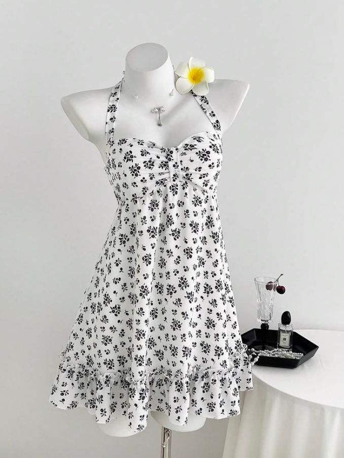 Resort White Floral Homecoming Dress ,A-Line Halter Mini Summer Dress RS1104