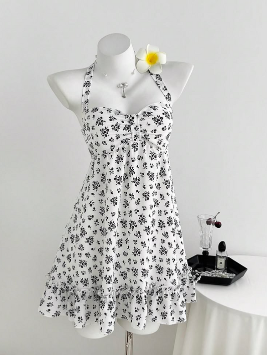 Resort White Floral Homecoming Dress ,A-Line Halter Mini Summer Dress RS1104