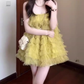 Yellow mesh suspender dress niche gentle temperament A-line puffy short skirt R0779
