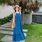 Bohemian retro blue white sling fishtail dress holiday style seaside beach dress sling dress long skirt R0196