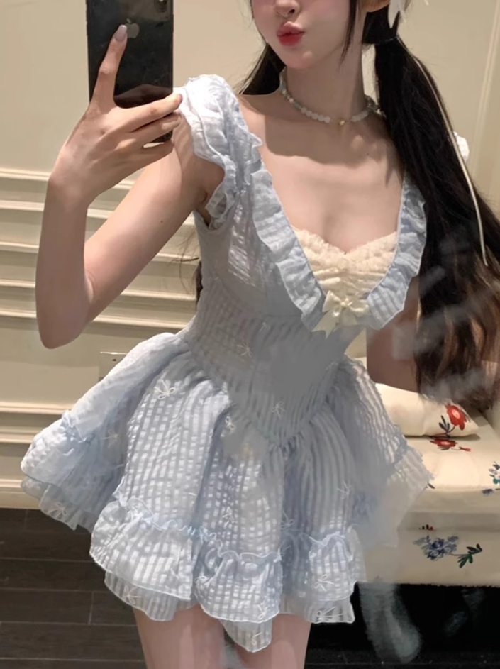 Pure desire bow embroidered dress 2025 flying sleeve waist princess dress R1373