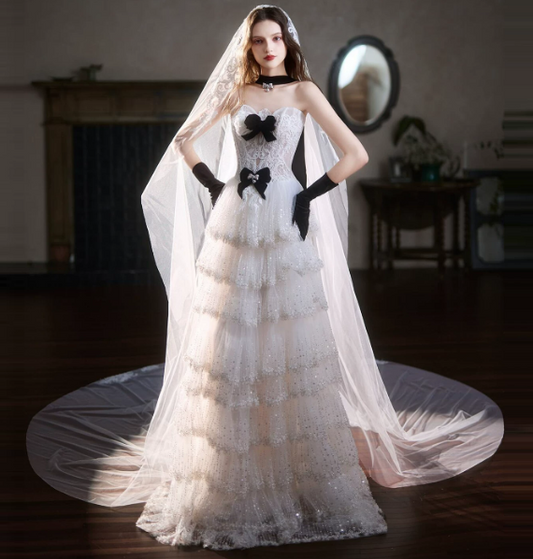 Gorgeous White A-Line Sweetheart Tulle Bow Decor Friled Corset Maxi Wedding Dress RS1123