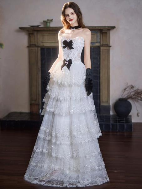 Gorgeous White A-Line Sweetheart Tulle Bow Decor Friled Corset Maxi Wedding Dress RS1123