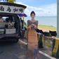 Beach dress with slim waist and elegant long sleeves, holiday style tie-dye dress R1606