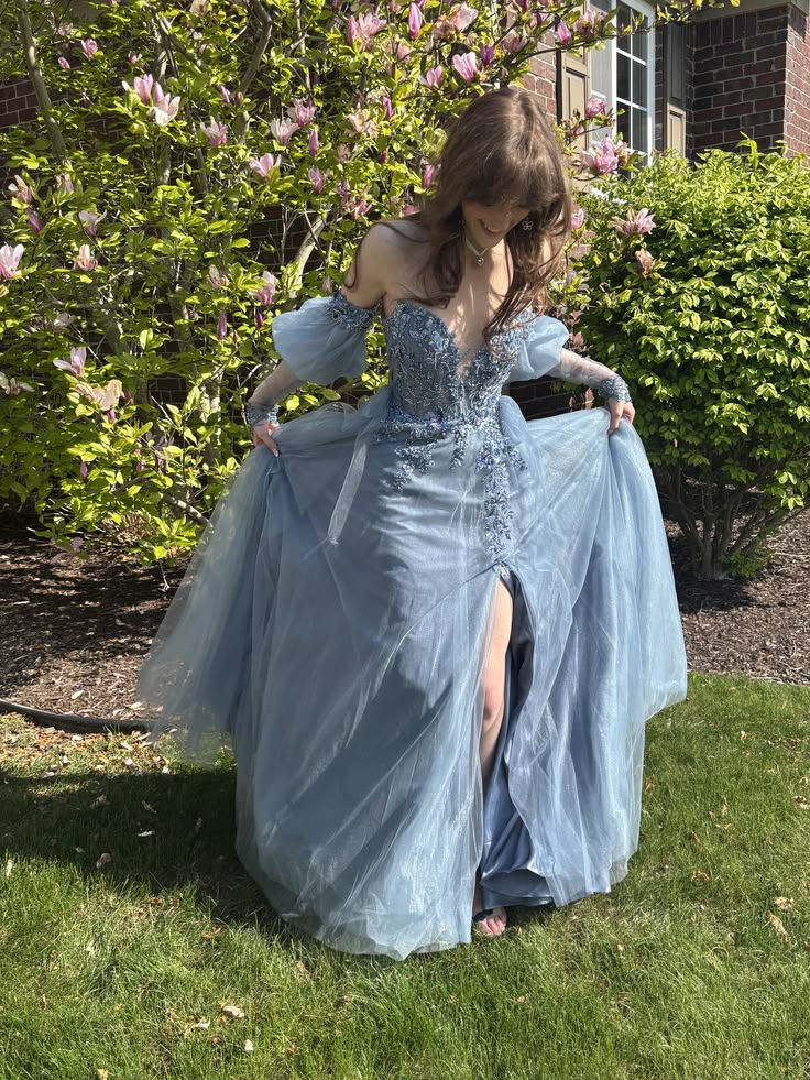 Hazy Tulle Emboidered Women's Prom Gown Dusty Blue Waist Fitted Maxi Evening Dress Birthday Dress — Fall Outfit 2026 New  RS3256