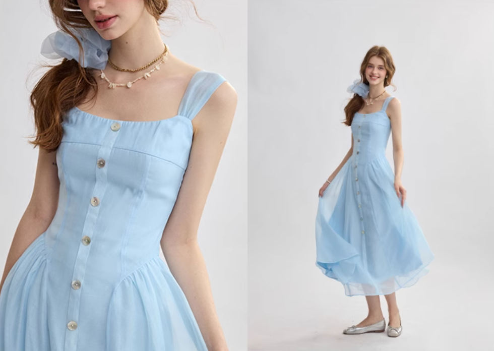 French suspender skirt blue dress sweet style long skirt R2693