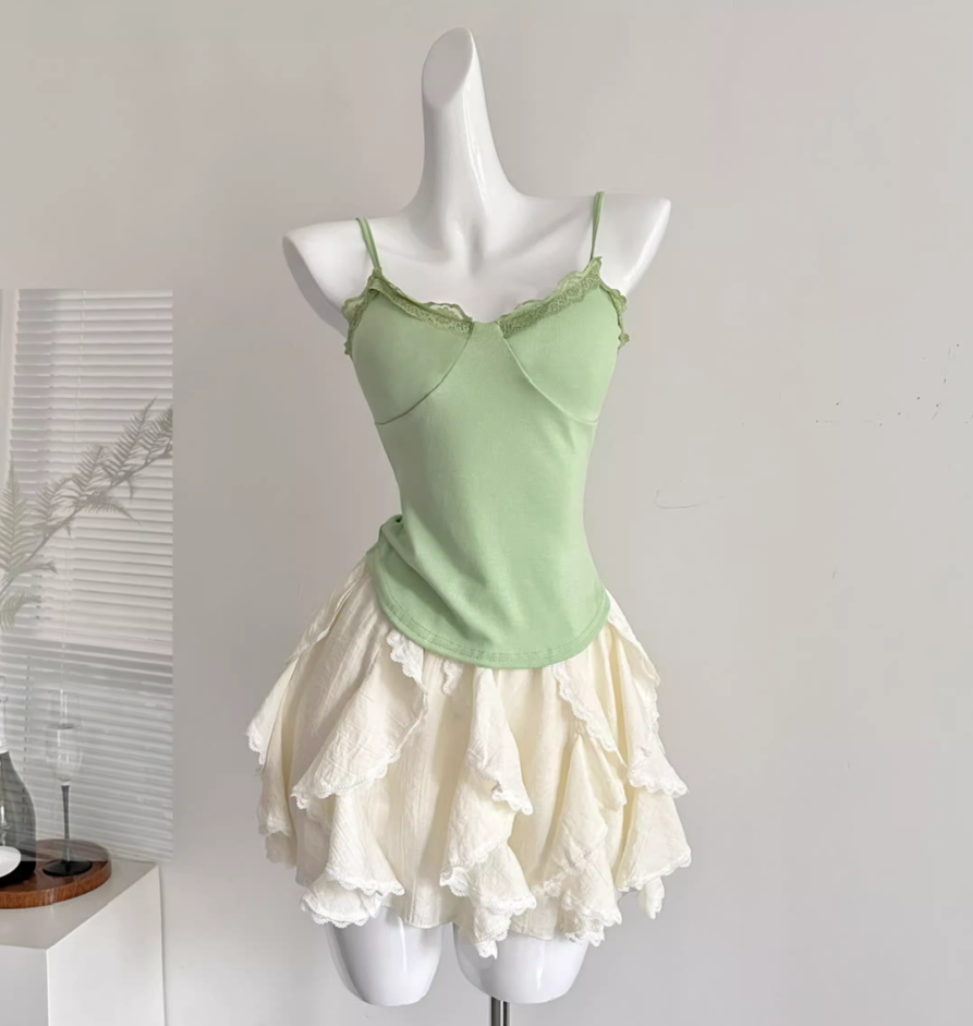 Summer sweet slim long sleeve lace hollow blouse suspender skirt R2010