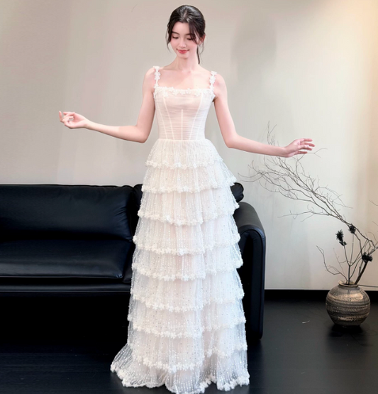 Fresh White A-Line Spaghetti Straps Tulle Friled Corset Maxi Wedding Dress RS1124