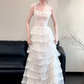 Fresh White A-Line Spaghetti Straps Tulle Friled Corset Maxi Wedding Dress RS1124