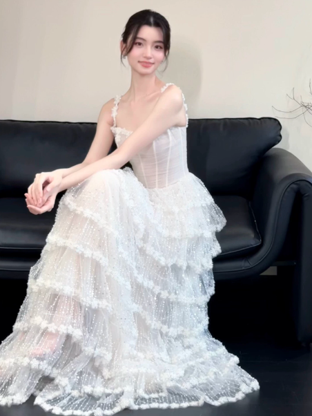 Fresh White A-Line Spaghetti Straps Tulle Friled Corset Maxi Wedding Dress RS1124