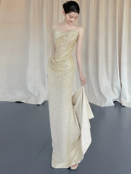Charming Pastel Yellow Prom Dress ,Mermaid Strapless Embroidery Bodycon Maxi Evening Dress RS1125