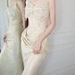 Charming Pastel Yellow Prom Dress ,Mermaid Strapless Embroidery Bodycon Maxi Evening Dress RS1125