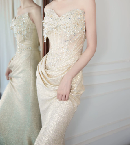 Charming Pastel Yellow Prom Dress ,Mermaid Strapless Embroidery Bodycon Maxi Evening Dress RS1125