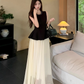 Fairy retro new Chinese suit sleeveless black vest blouse top high waist skirt two-piece suit R1713