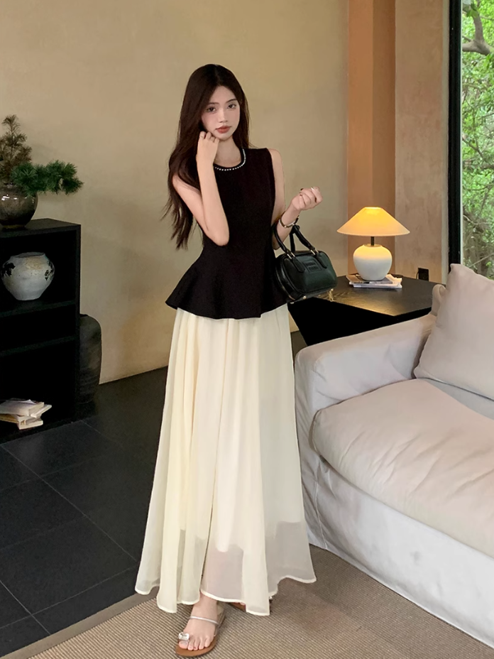 Fairy retro new Chinese suit sleeveless black vest blouse top high waist skirt two-piece suit R1713