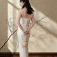 White halter-neck fitted slim-fitting simple and elegant ball gown R8030