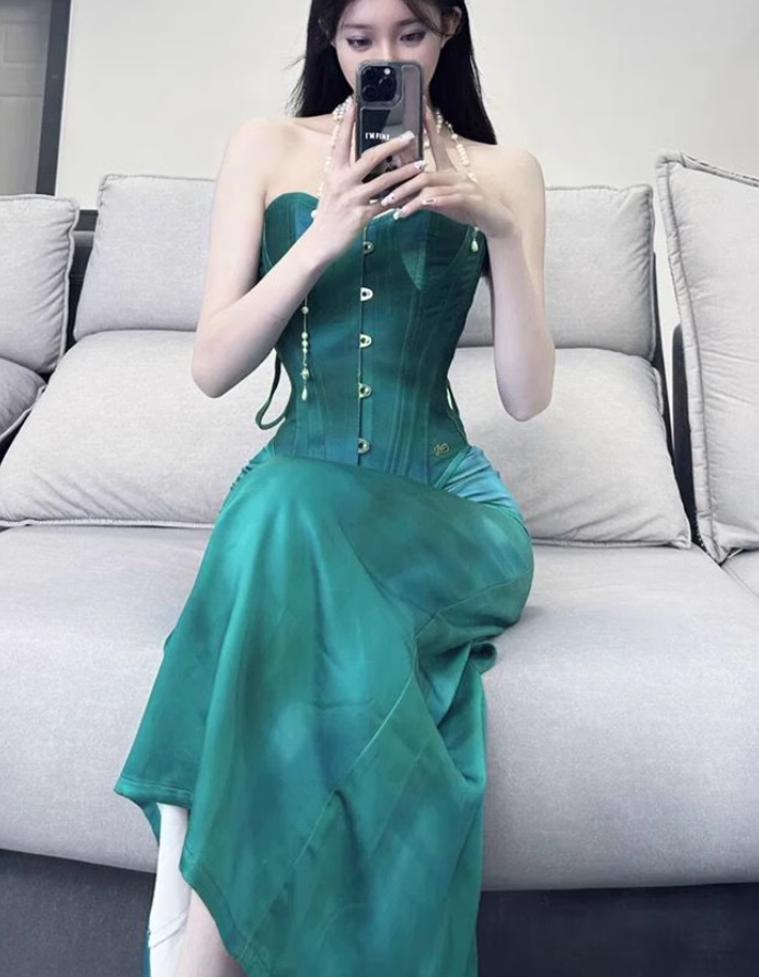 French retro herringbone tube top 2025 plus size satin hip skirt suit R1422