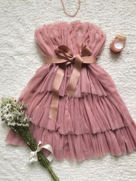 Cute Pink A-Line Strapless Ruffled Mini Summer Dress with Tulle Tiered Hem Homecoming Dress RS204