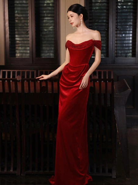 Elegant Red Prom Dress ,Mermaid Portrait Bodycon Maxi Evening Dress RS1126