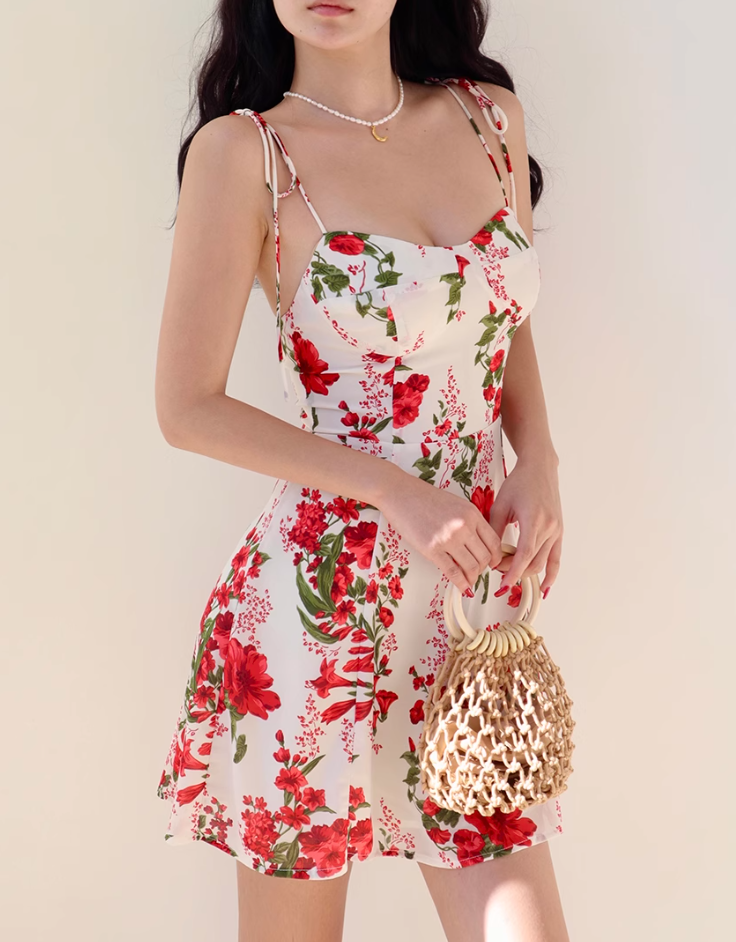 European and American style casual big red flower print suspender dress short skirt R2823