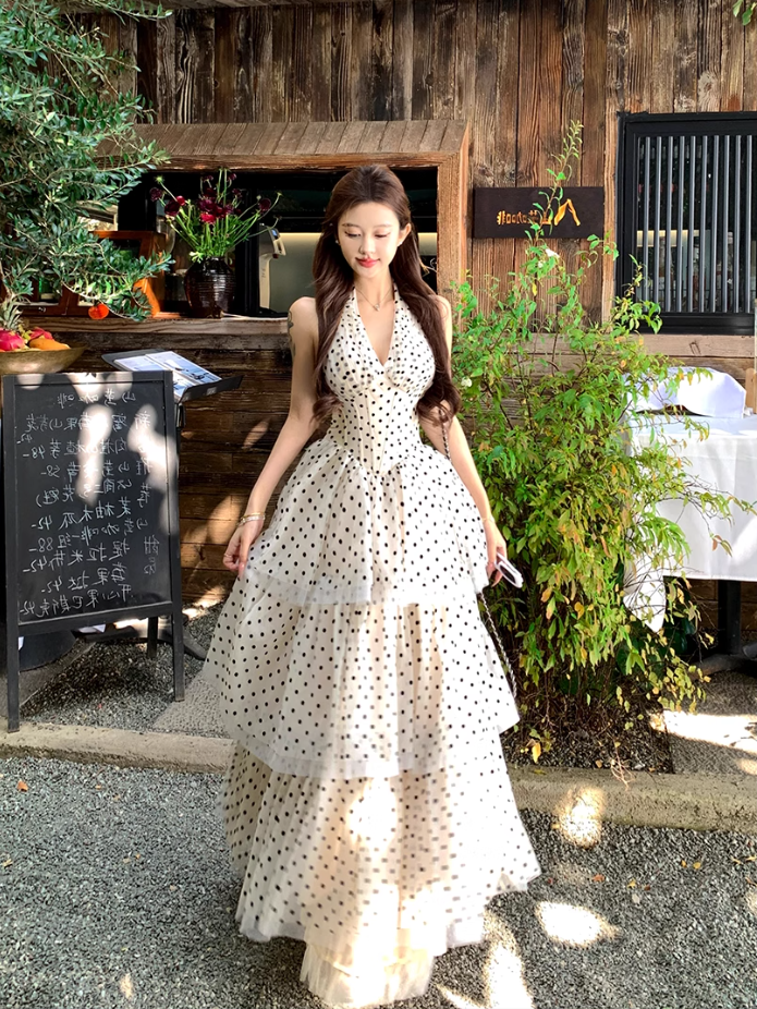 French style waist beautiful small skirt V-neck halter neck cake long skirt holiday polka dot dress R1751