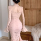 New Chinese style long-sleeved hollow lace dress 2025 step by step lotus hip fishtail skirt R1218