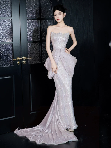 Elegant Sliver Prom Dress ,Mermaid Strapless Glitter Bodycon Maxi Evening Dress RS1127