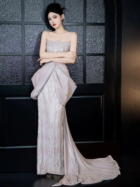 Elegant Sliver Prom Dress ,Mermaid Strapless Glitter Bodycon Maxi Evening Dress RS1127
