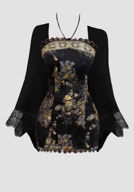 Retro New Chinese Style Floral Halter Neck Dress 2025 Lace Cardigan Set R1390