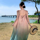 Beach holiday style gradient loose suspender beach dress atmosphere skirt R1580