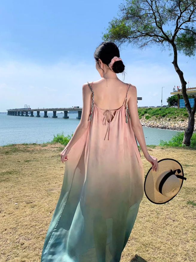 Beach holiday style gradient loose suspender beach dress atmosphere skirt R1580