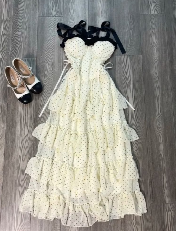 Flowy Pastel Yellow Ruffled Prom Dress ,A-Line Sweetheart Polka Dots Corset Maxi Summer Dress RS1128