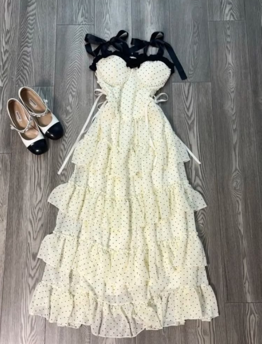 Flowy Pastel Yellow Ruffled Prom Dress ,A-Line Sweetheart Polka Dots Corset Maxi Summer Dress RS1128