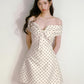 White polka dot one-shoulder gentle waist slim A-line short skirt homecoming dress R3351