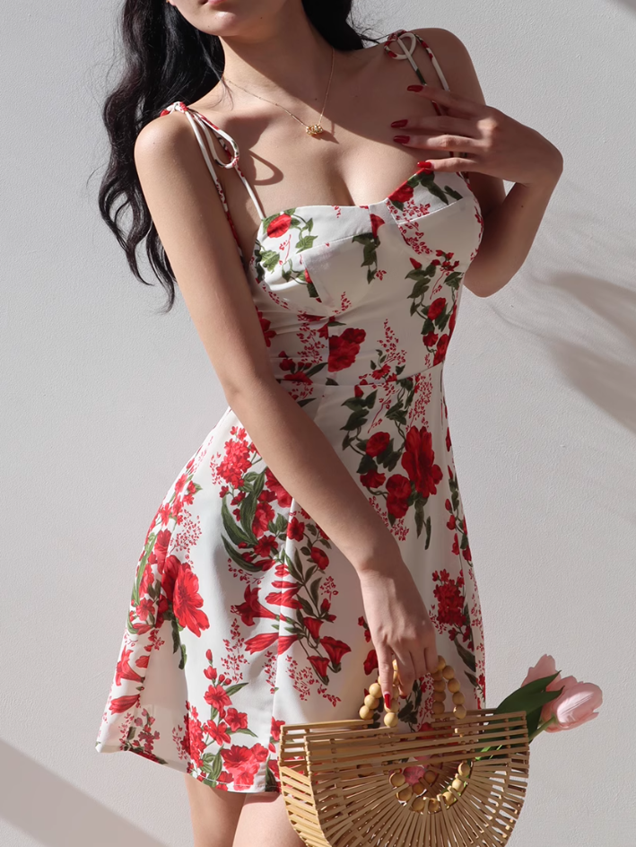 European and American style big red flower print suspender dress short skirt R2861