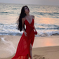 Beach photo shoot red sexy ruffled high slit halter back dress R1583