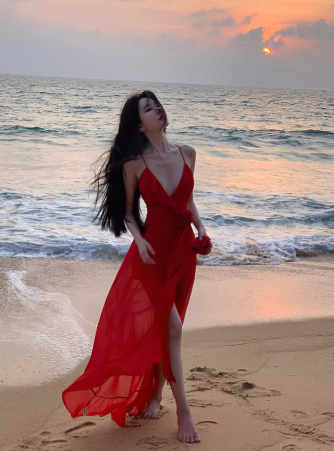 Beach photo shoot red sexy ruffled high slit halter back dress R1583