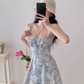 Retro blue and white porcelain print suspender skirt waist tie dress R2851