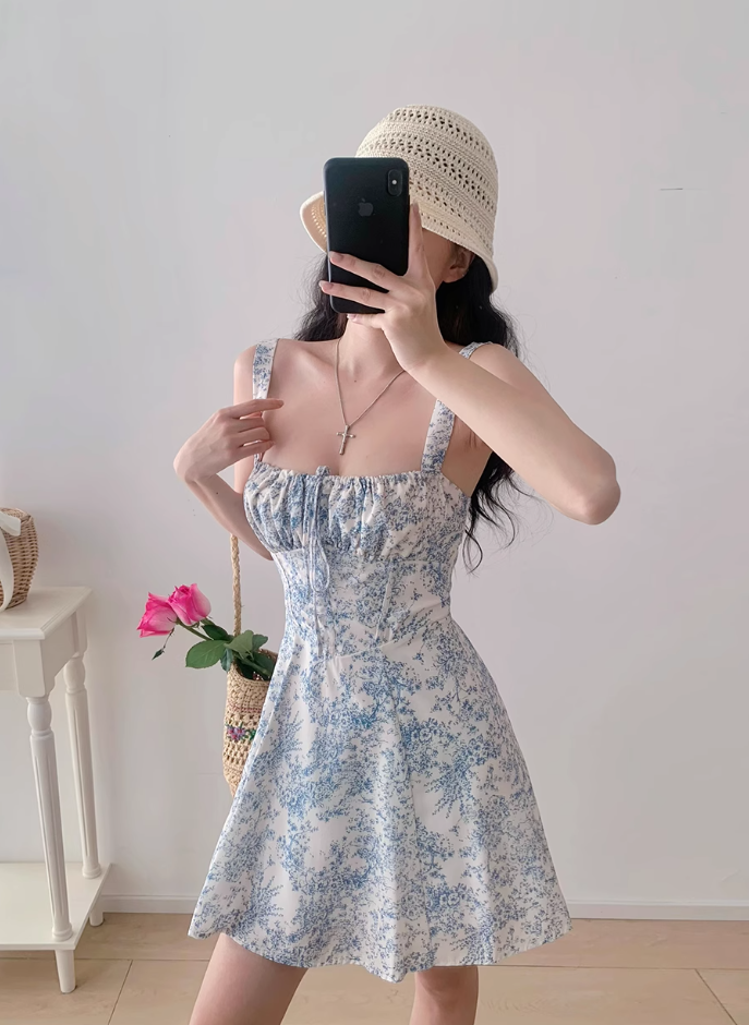 Retro blue and white porcelain print suspender skirt waist tie dress R2851