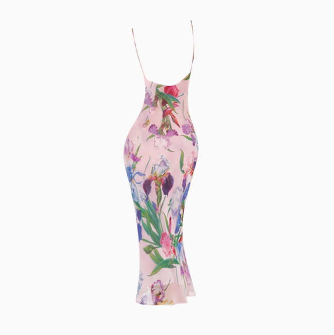 French pink tropical flower sling dress 2025 waist and hip holiday dress R1186