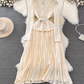Celebrity temperament fake two-piece long-sleeved square-neck lace waist A-line wide swing dress R0330